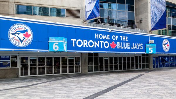 Exterior of rogers centre showing Blue Jays promo