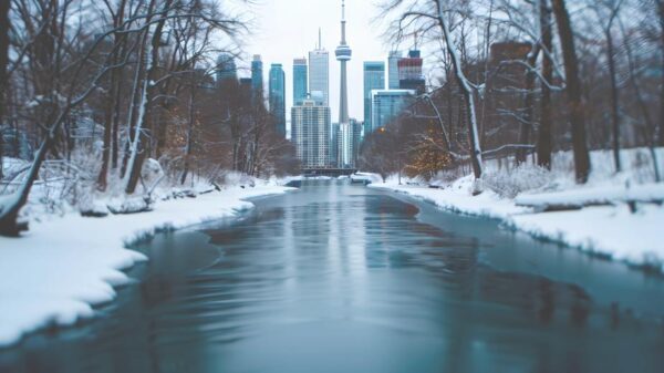A snowy view of downtown Toronto with the CN Tower, skyscrapers
